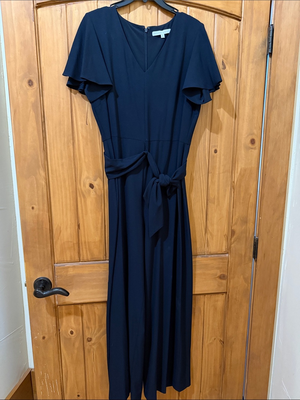 Preston & York Navy V-Neck Tie-Waist Jumpsuit with Flutter Sleeves